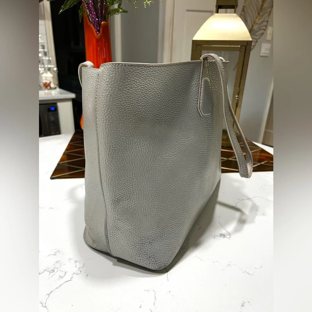 Tory Burch Perry Metallic Gray Leather Large Silver Tote Bag